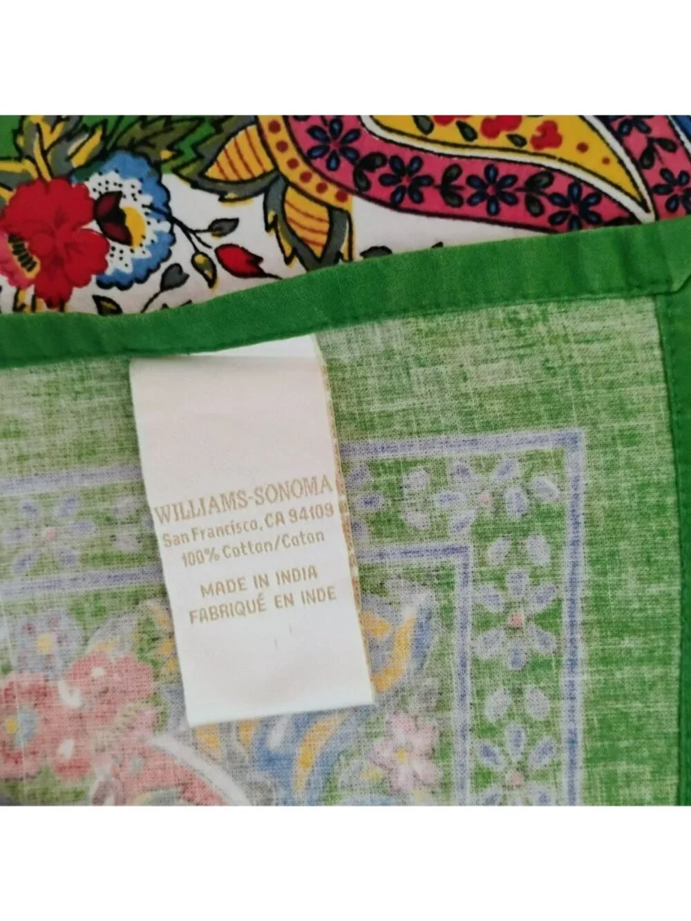 Vintage Williams Sonoma Green Block Print Floral Paisley Tablecloth Cotton 108